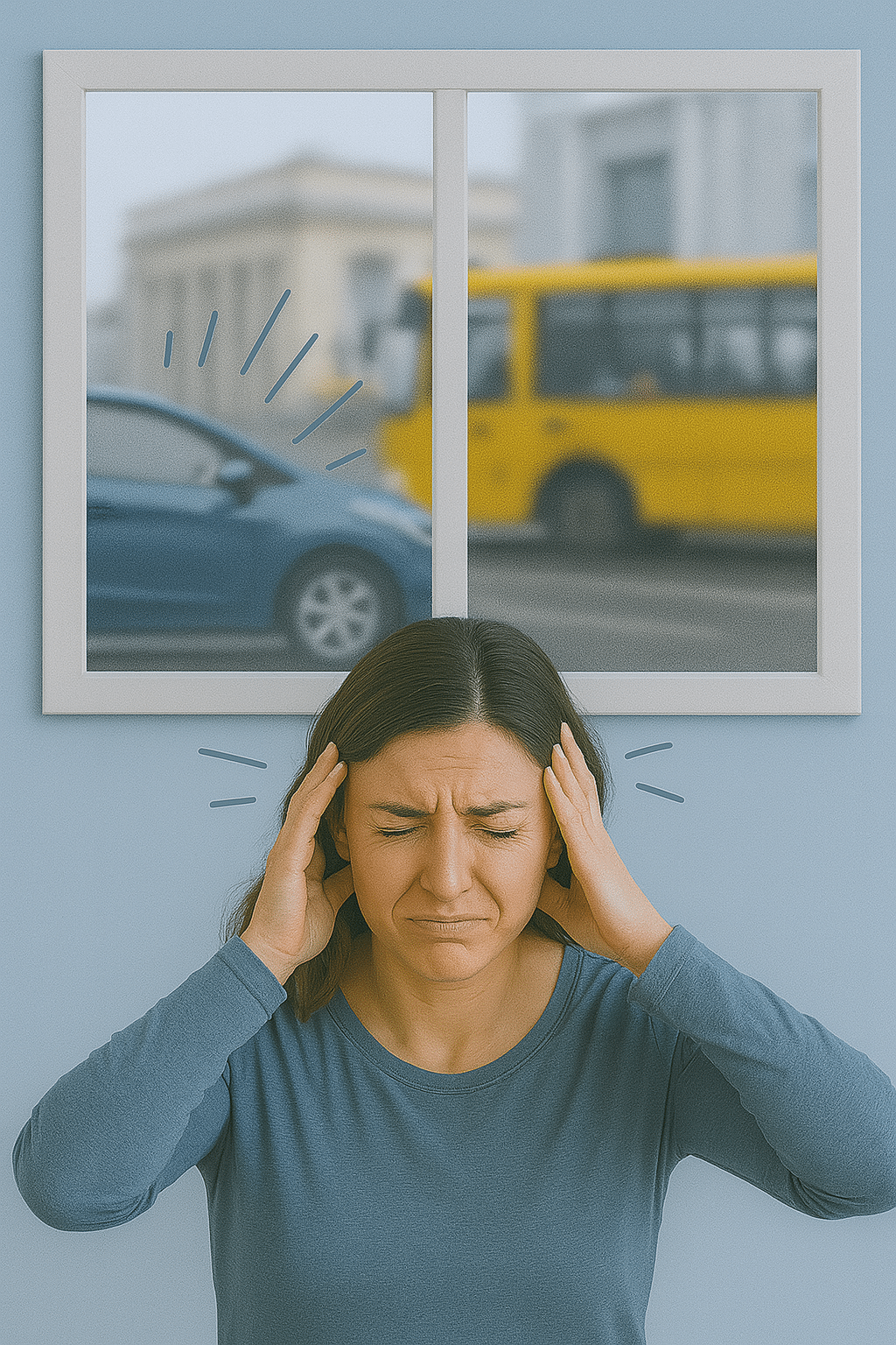 Femme gênée par le bruit de la rue dans un logement mal isolé phoniquement
