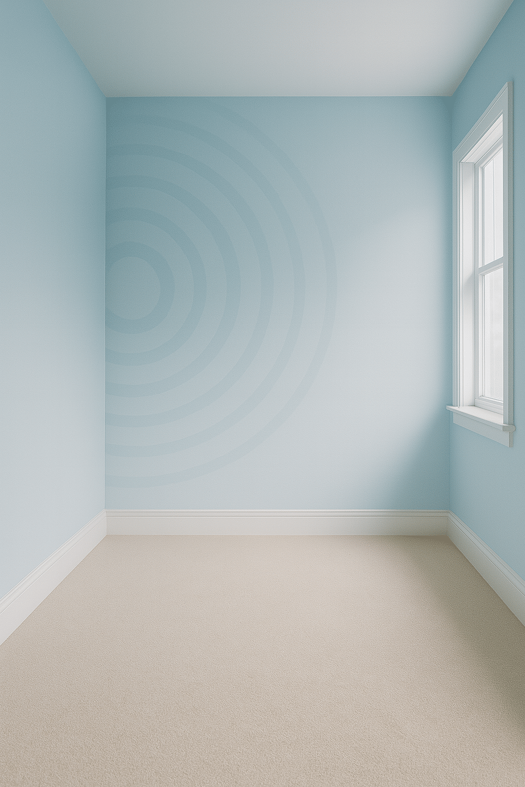Photographie d'une pièce vide, aux teintes bleu-gris (#216077), illustrant une ambiance résonante et peu confortable acoustiquement.