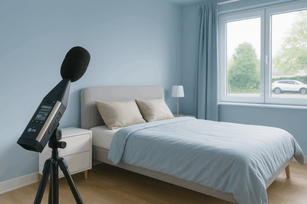 Un sonomètre professionnel installé sur trépied dans une chambre lumineuse, orienté vers une fenêtre ouverte donnant sur l’extérieur, utilisé pour mesurer les nuisances sonores liées à la circulation routière